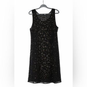 Eileen Fisher 100% Silk Black Beaded Sleeveless Dress L Sheer Overlay